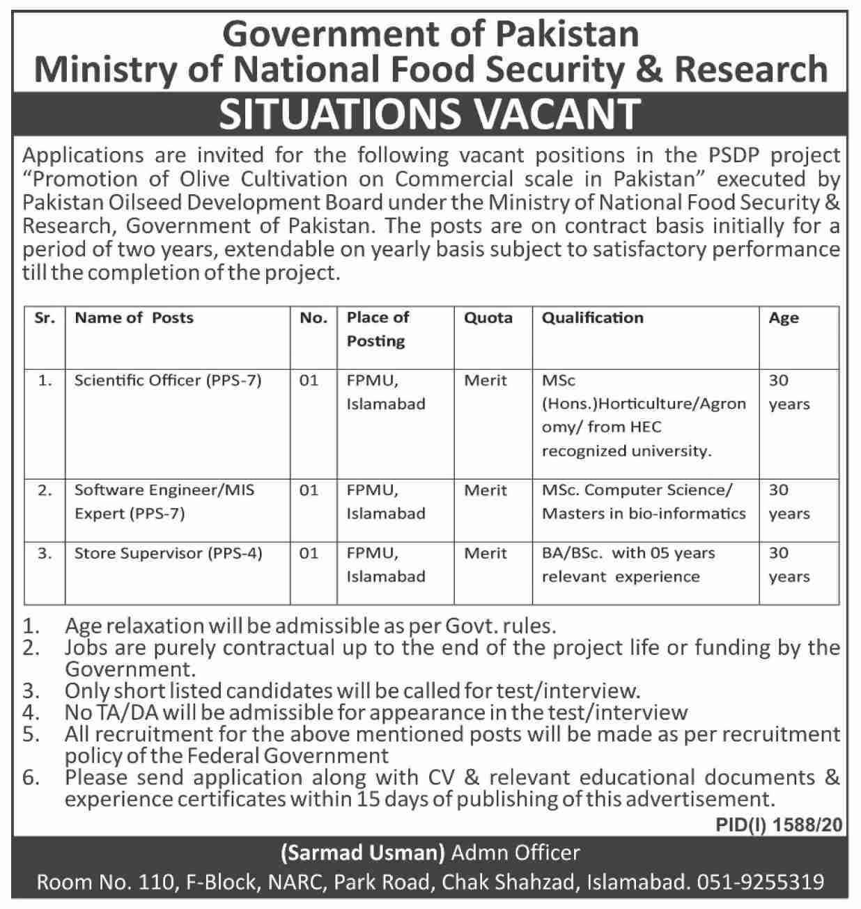 Ministry of National Food Gov Pak Latest Jobs 2020 September