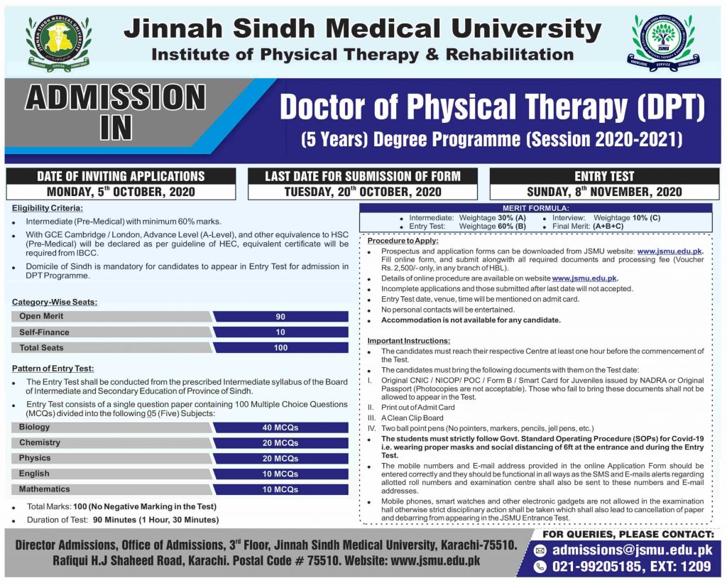 Jinnah Sindh Medical University (JSMU) Admission 2020 Doctor of Physical Therapy