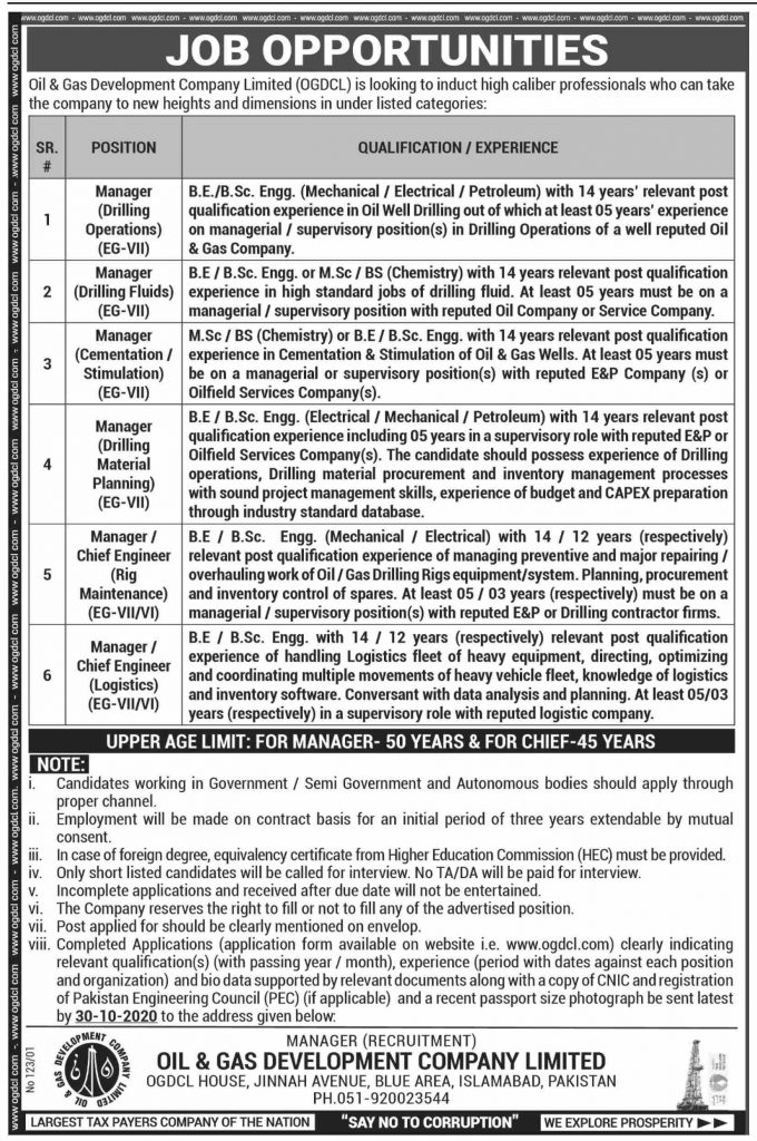 OGDCL New Jobs 2020 For Engineers