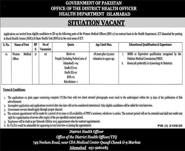 Women Medical Office New Jobs 2020 For Health Department Islamabad Last Date