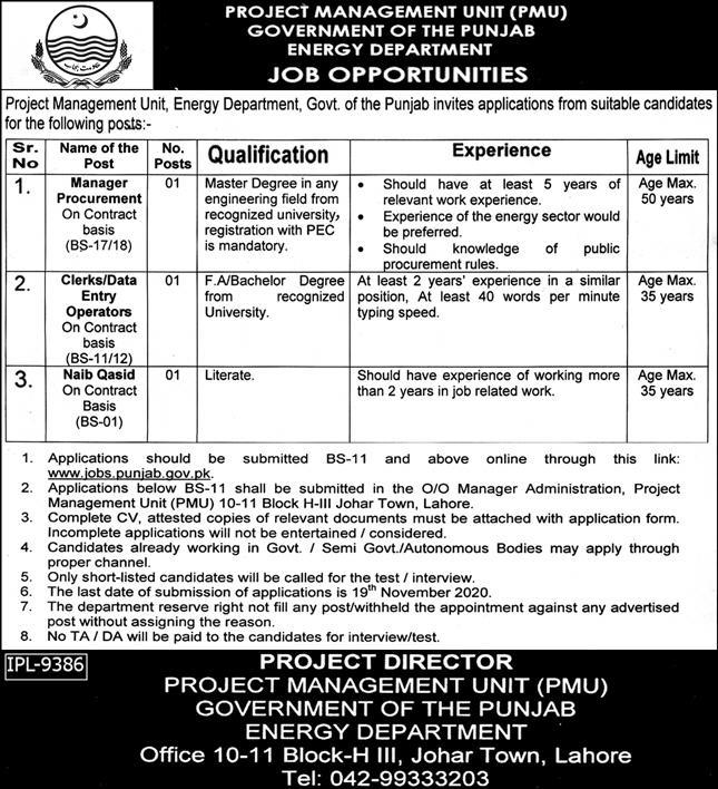 PMU Punjab Energy Department Jobs November 2020 for Manager, Clerk & Naib Qasid Vacancies