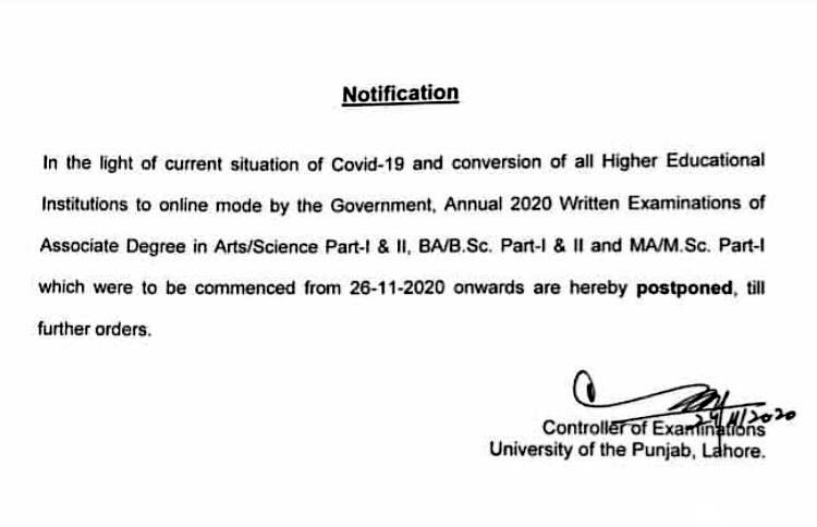 Punjab University Postpones Examinations From 26 November 2020