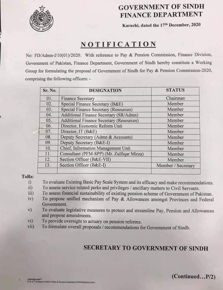 Constitution of Pay & Pension Commission 2021 Sindh Notification