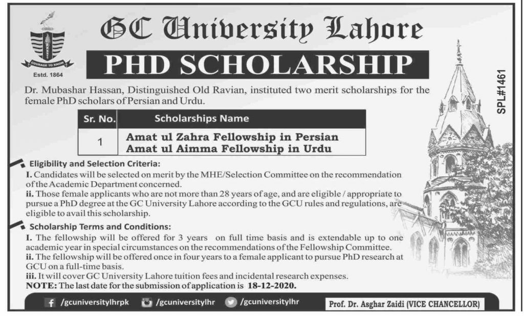 GC University Lahore Female PHD Scholarships 2021