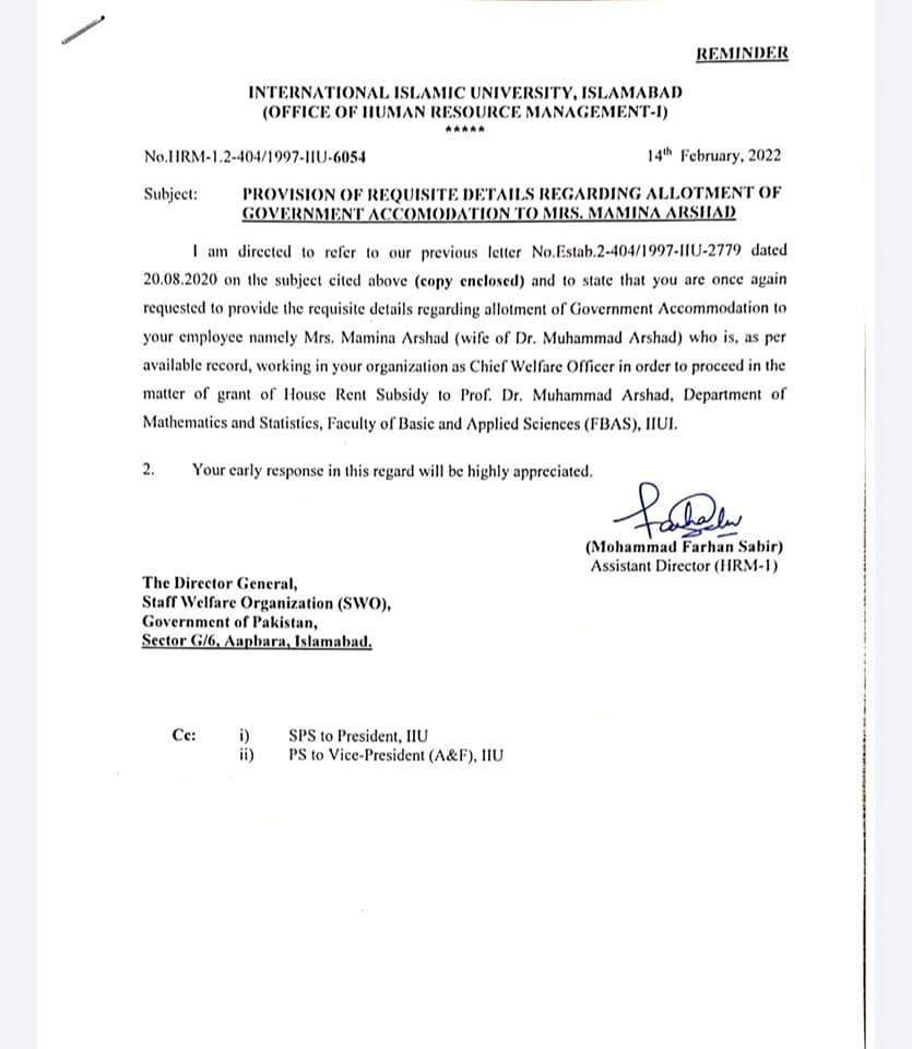 allotment of Government Accommodation to MRS. Mamina Arshad