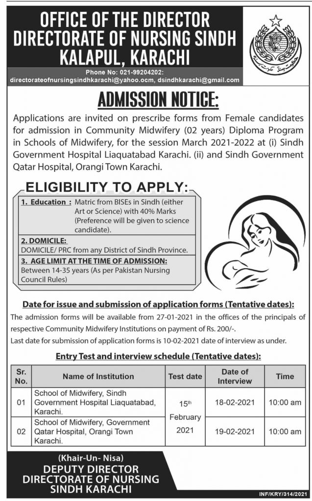 Admission in Midwifery Diploma 2 Years 2021-22