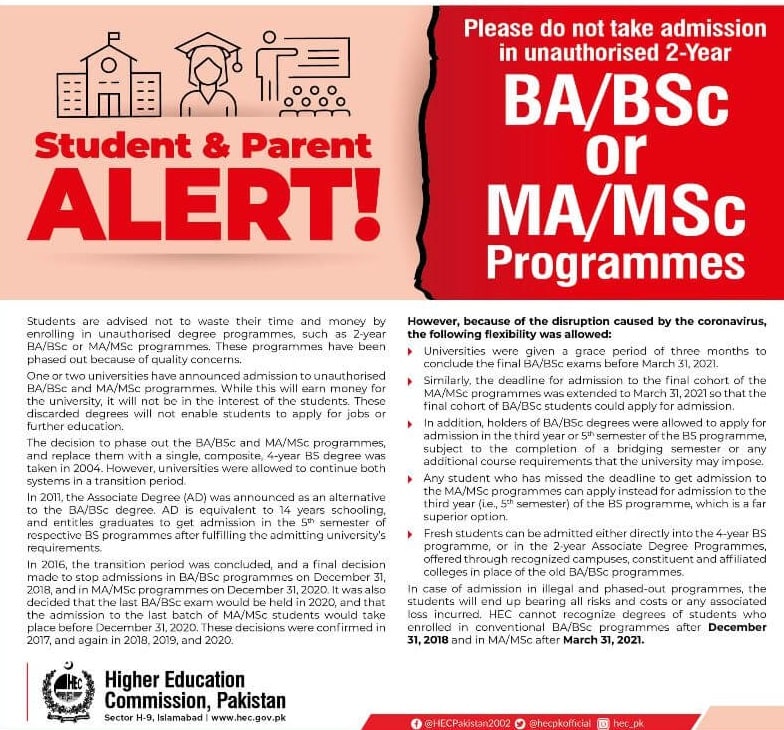 HEC New Policy For BA/BSC and MA/MSC Program 2021