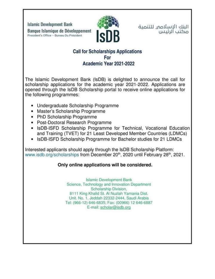 Islamic Development Bank (IsDB) Scholarships 2021-22