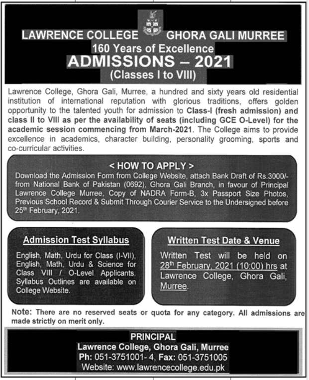 Lawrence College Ghora Gali Murree Admission 2021