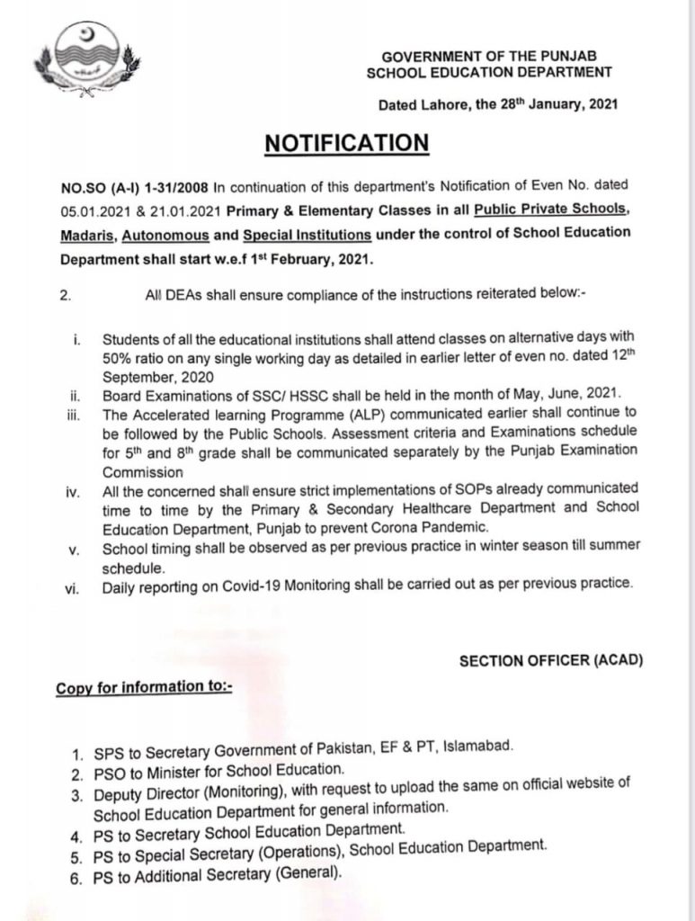 Notification of Primary & Elementary Schools Classes in Punjab 2021