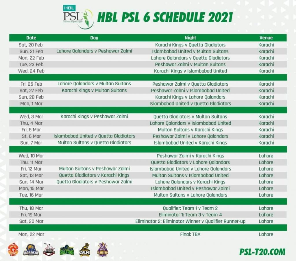 PSL 2021 Schedule Cricket Matches