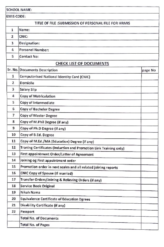Personnel File Documents Checklist 2021 School Education Punjab