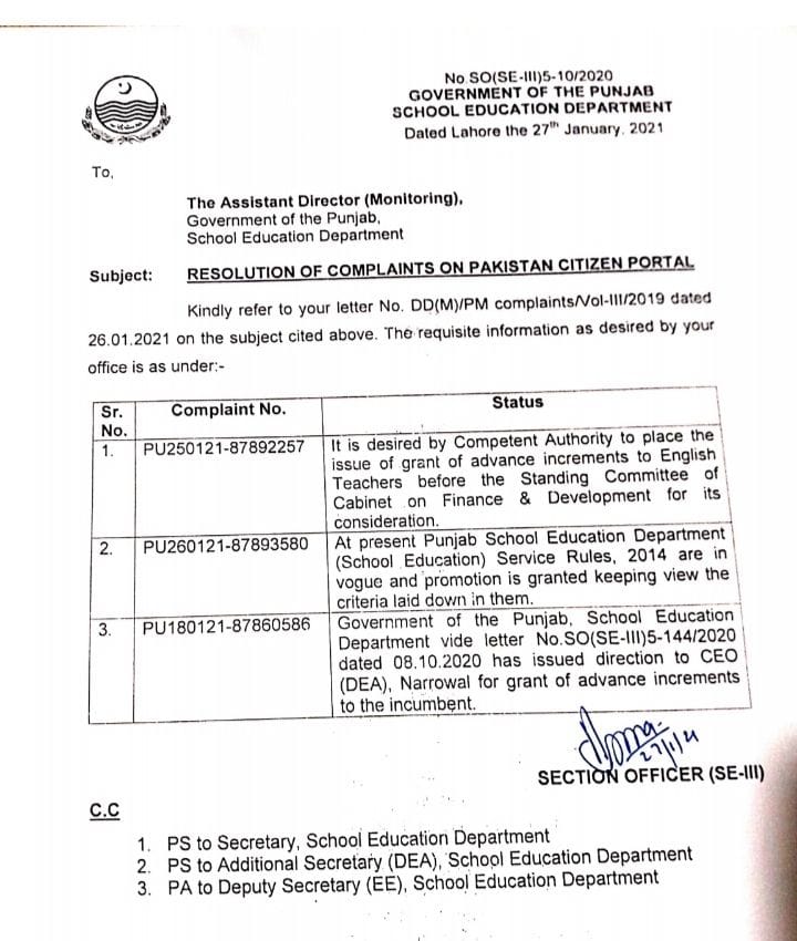 Punjab School Education Department Complaints on Pakistan Citizen Portal 2021 