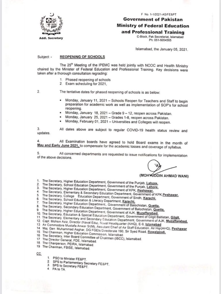 Schools Reopening in Pakistan 2021 Notification