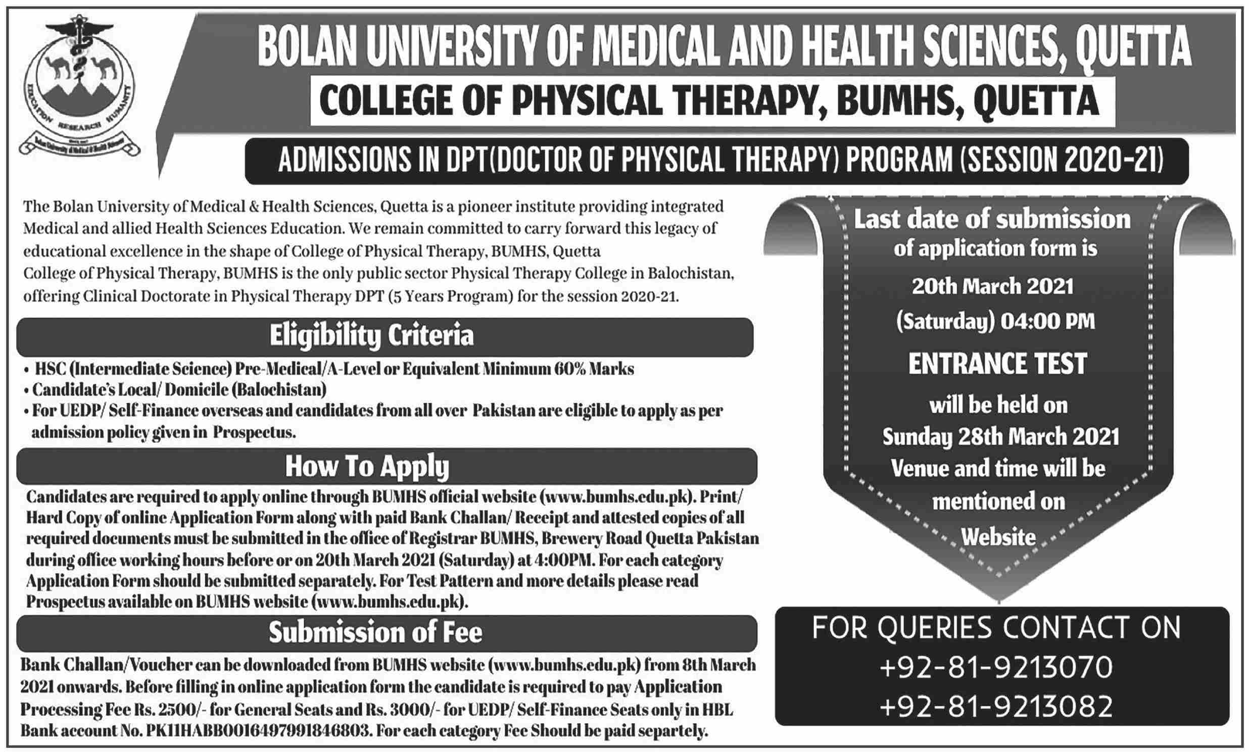 BUMHS Admissions in Doctor of Physical Therapy 2024