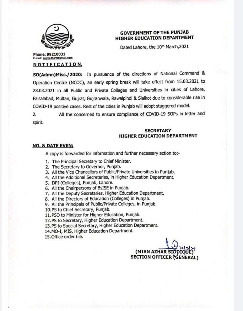 Higher Education Department Spring Holidays 2021 Notification
