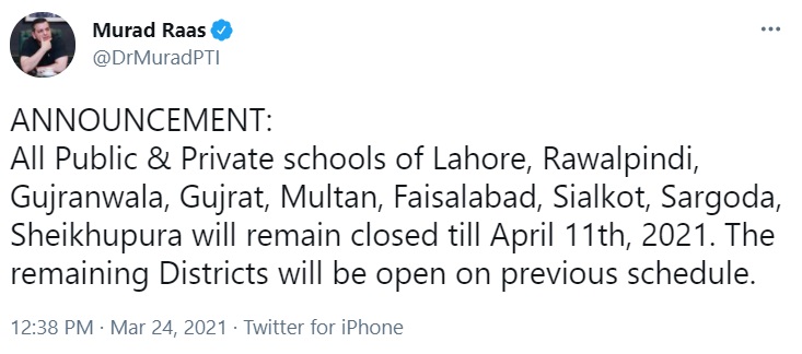 Latest News of Closure of Schools in Punjab Till 11 April 2021
