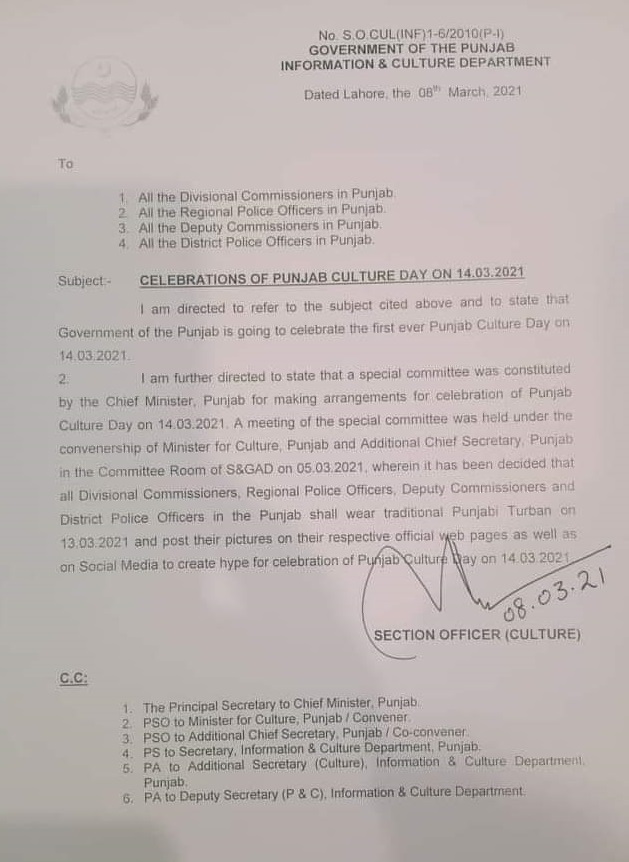 Notification of Celebration of Punjab Culture Day on 14 March 2021