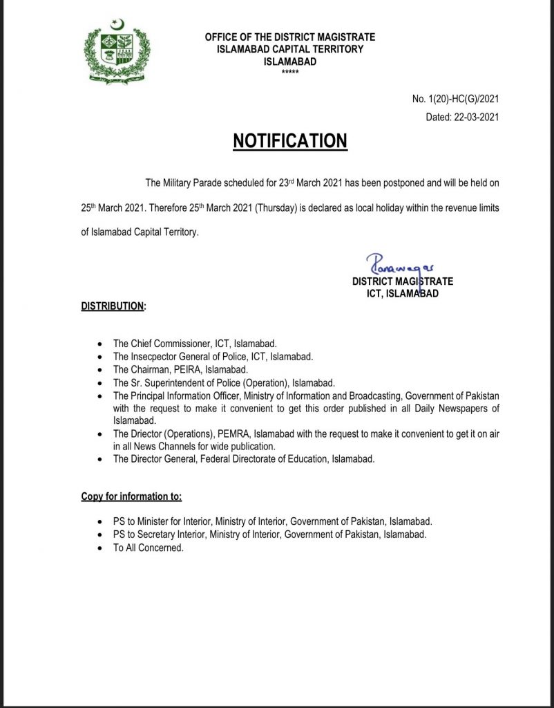 Notification of Local Holiday in Islamabad on 25th March, 2021