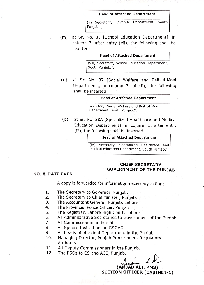 Notification of Punjab Government Rule of Business 2021 Amendment-4
