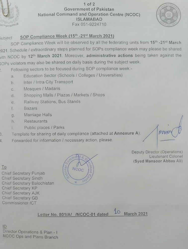 Notification of SOP Compliance Week 15 To 21 March 2021 Islamabad