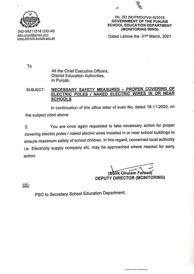 Notification of Safety Measures Against Naked Electric Wires Near Schools 2021 Latest