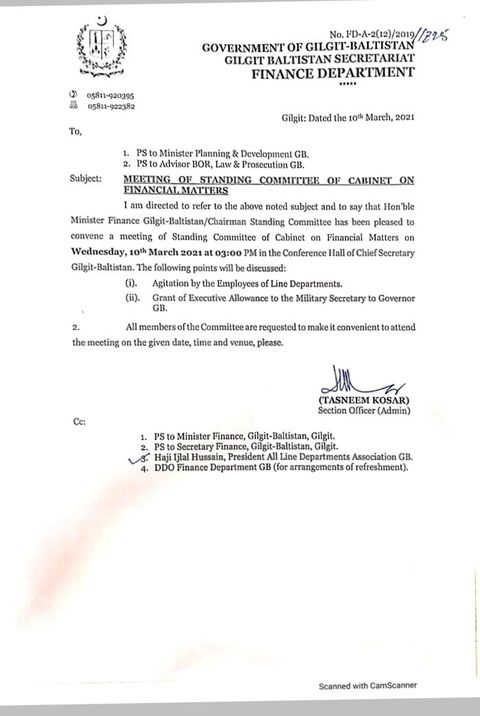Notification of Standing Committee Meeting on Executive allowance 2021