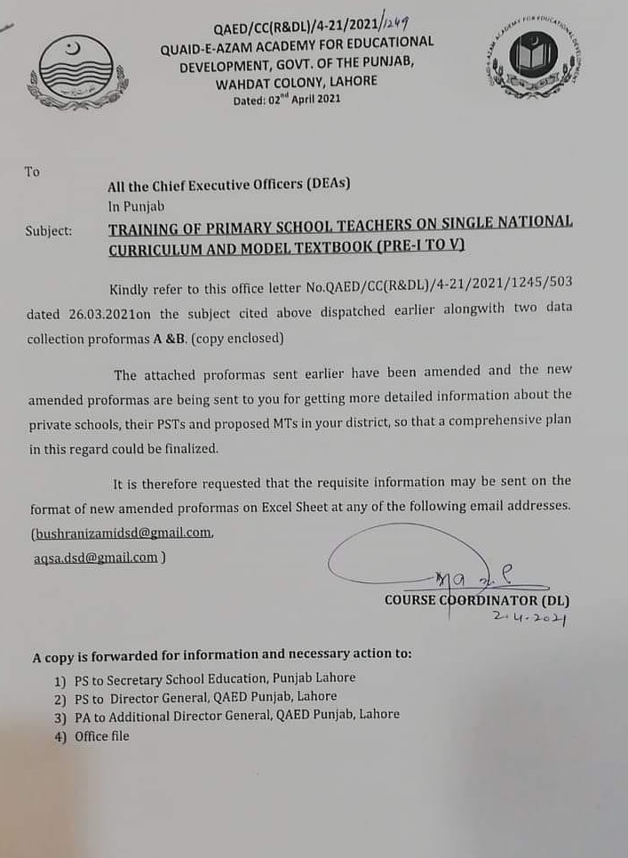 Notification of Training of Primary School Teachers PRE-1 To Class-5 2021