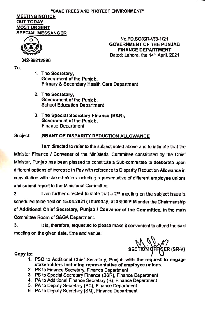 Punjab Notification of Salary Increase Disparity Allowance April 2021
