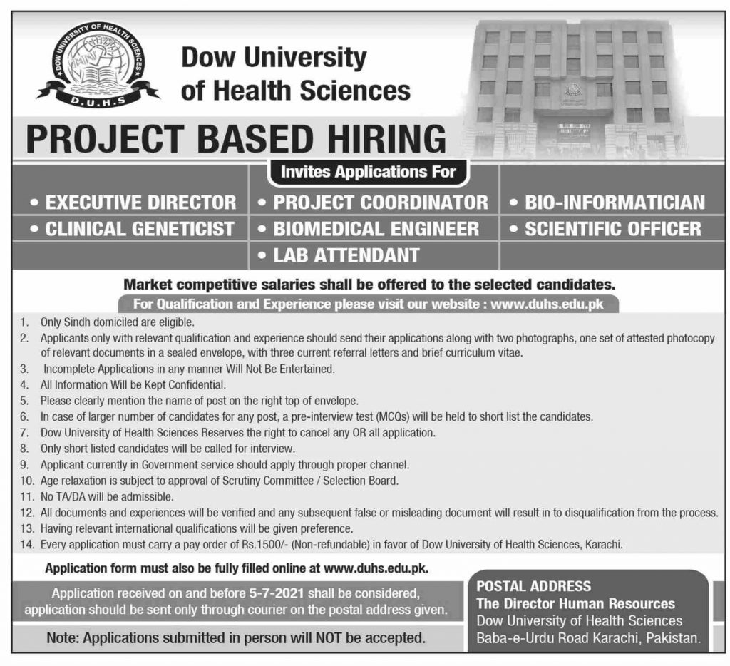 Dow University of Health Sciences Hiring Project Based Jobs 2021