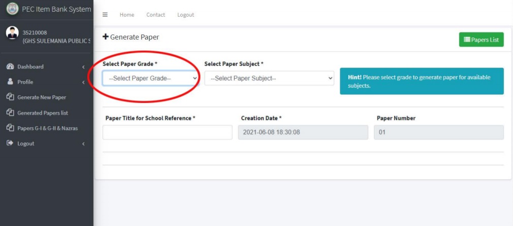 GENERATE NEW PAPERS – SELECT GRADE & SUBJECT