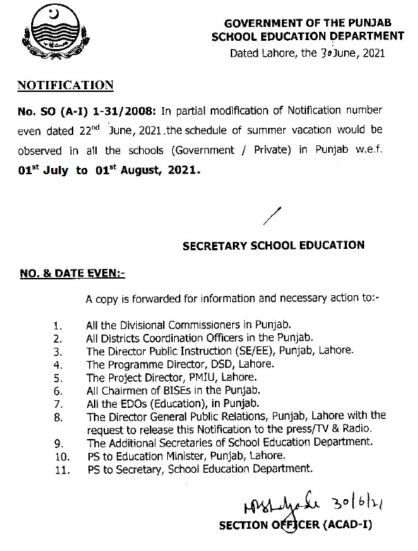 Notification of Summer Vacation in Punjab 2021