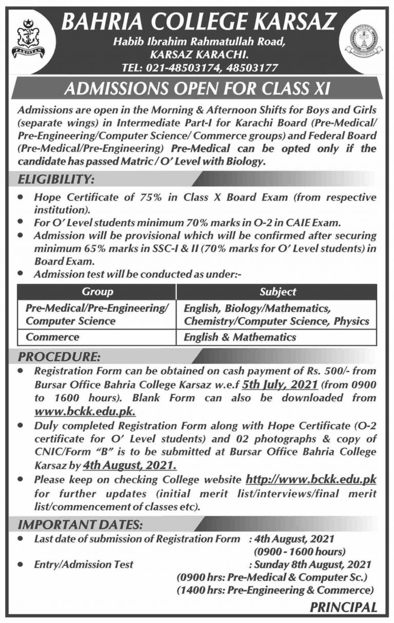 bahria-college-karsaz-admission-2021-class-9th-employeesportal