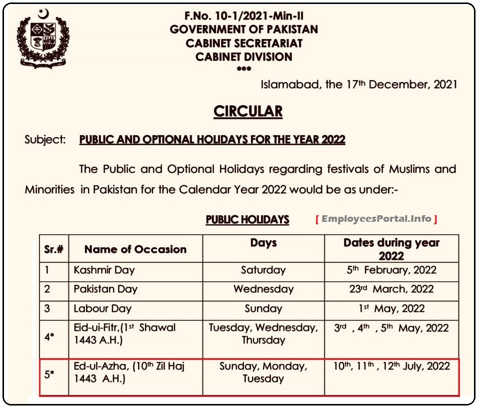 Eid-ul-Adha Holidays 2022 Notification