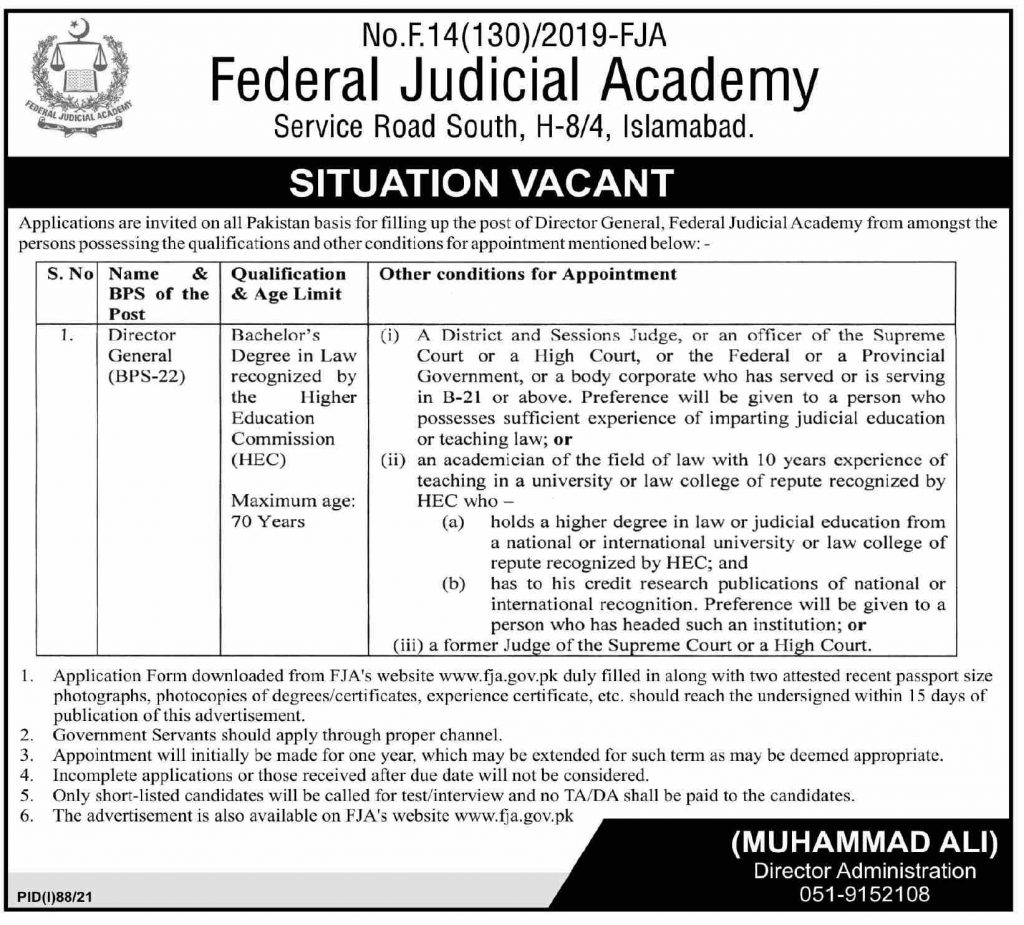 Federal Judicial Academy Jobs 2021 Application Form