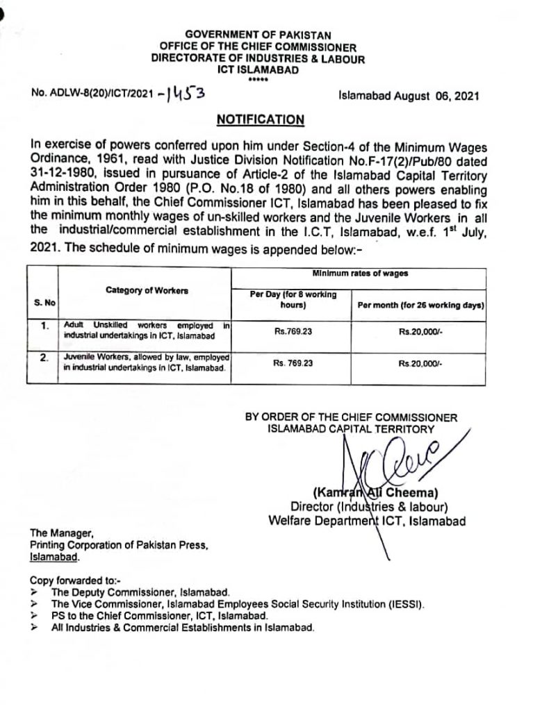 Minimum Wage Rates in Punjab Notification 2021-22