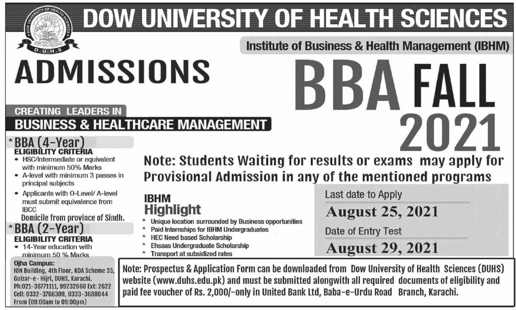 Dow University BBA Admission 2021 Apply Online
