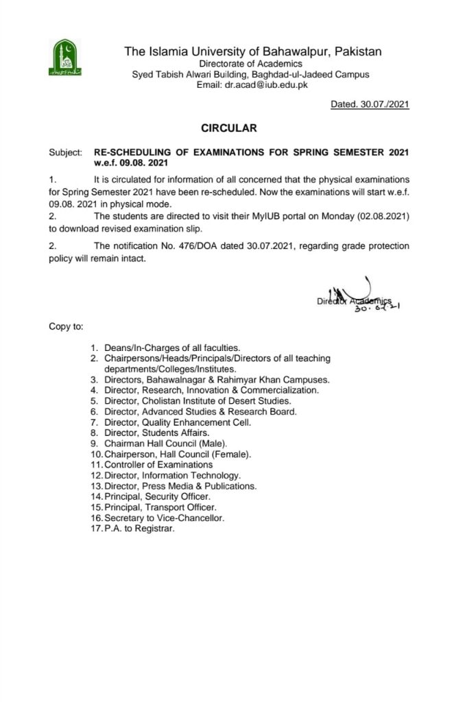 Islamia University Bahawalpur Reschedule of Exams Spring Semester 2021