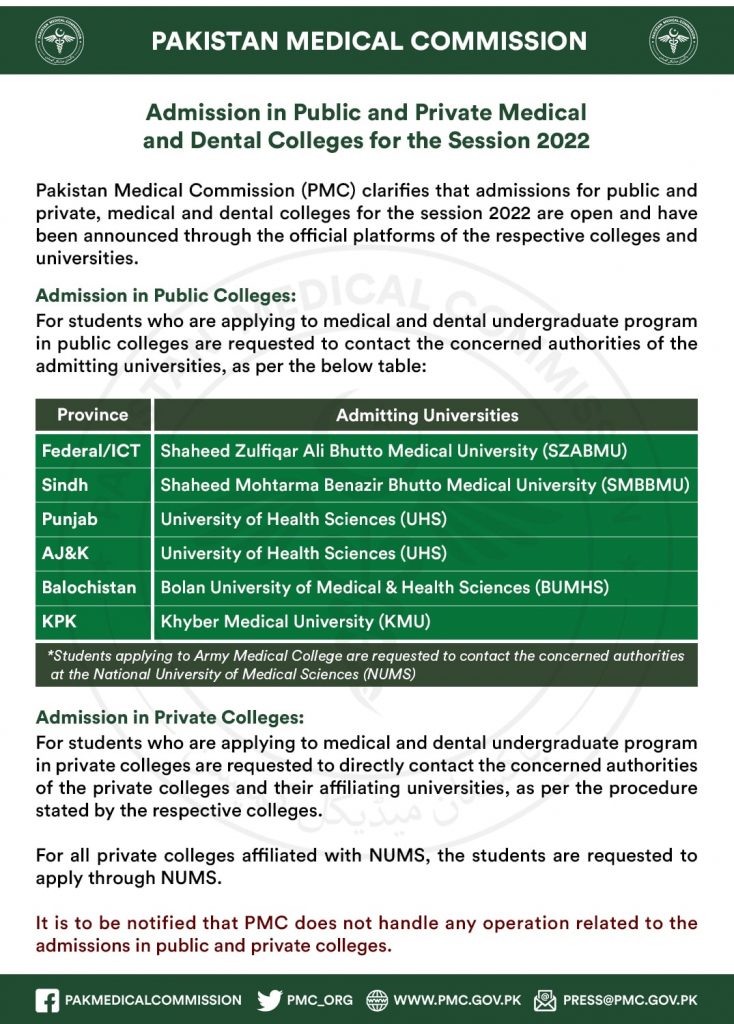 PMC Announces Admission in Medical & Dental Colleges For Session 2022