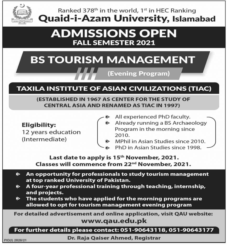 Admission in Tourism Management Quaid-e-Azam University Islamabad 2022