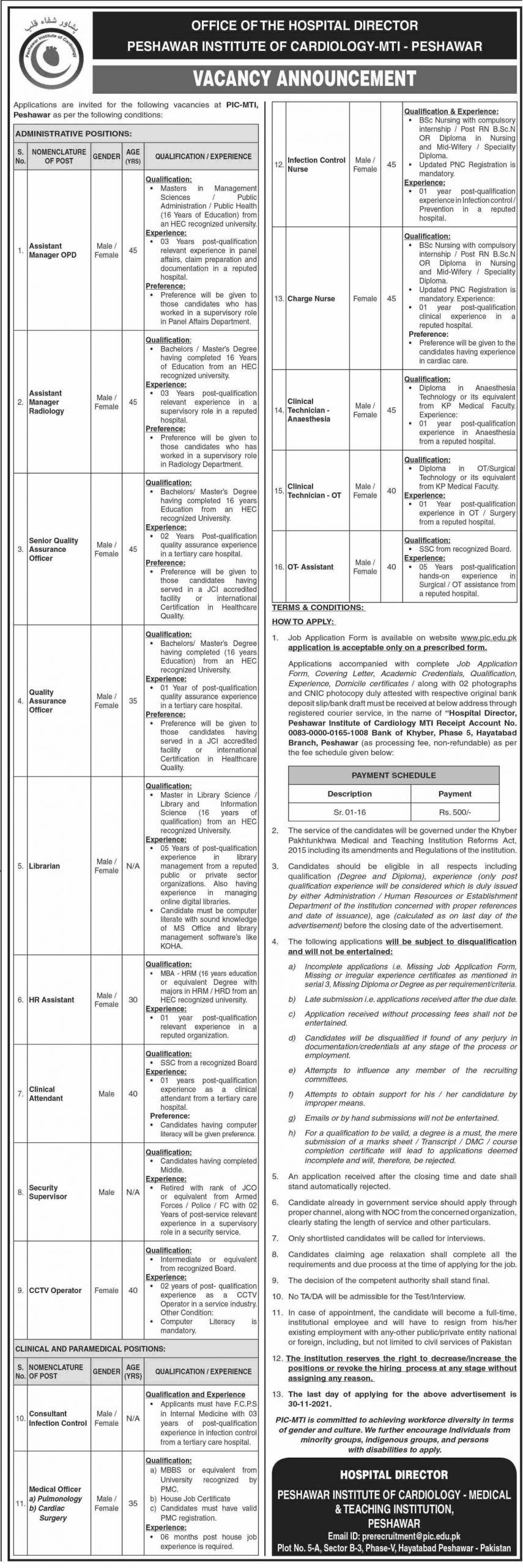 Peshawar Institute of Cardiology MTI Jobs 2022 Application Form