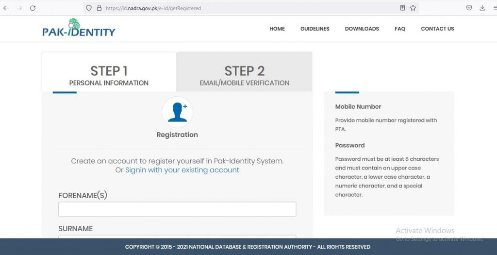create account in PAK Identity system