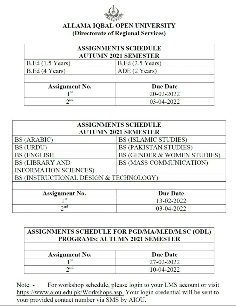 AIOU Assignments Schedule 2022