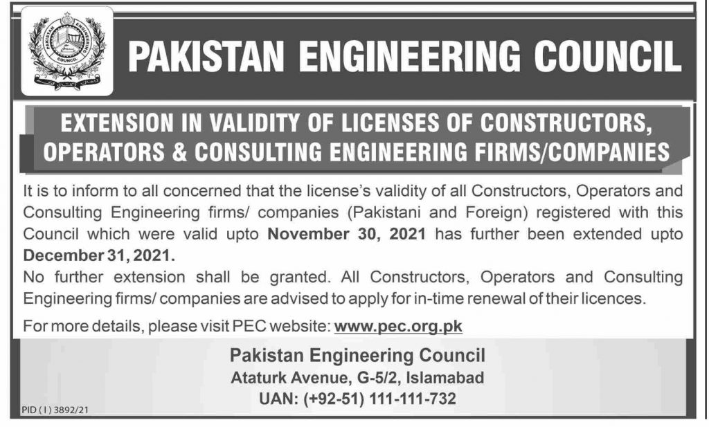 Pakistan Engineering Council (PEC) Announces Licenses of Constructors