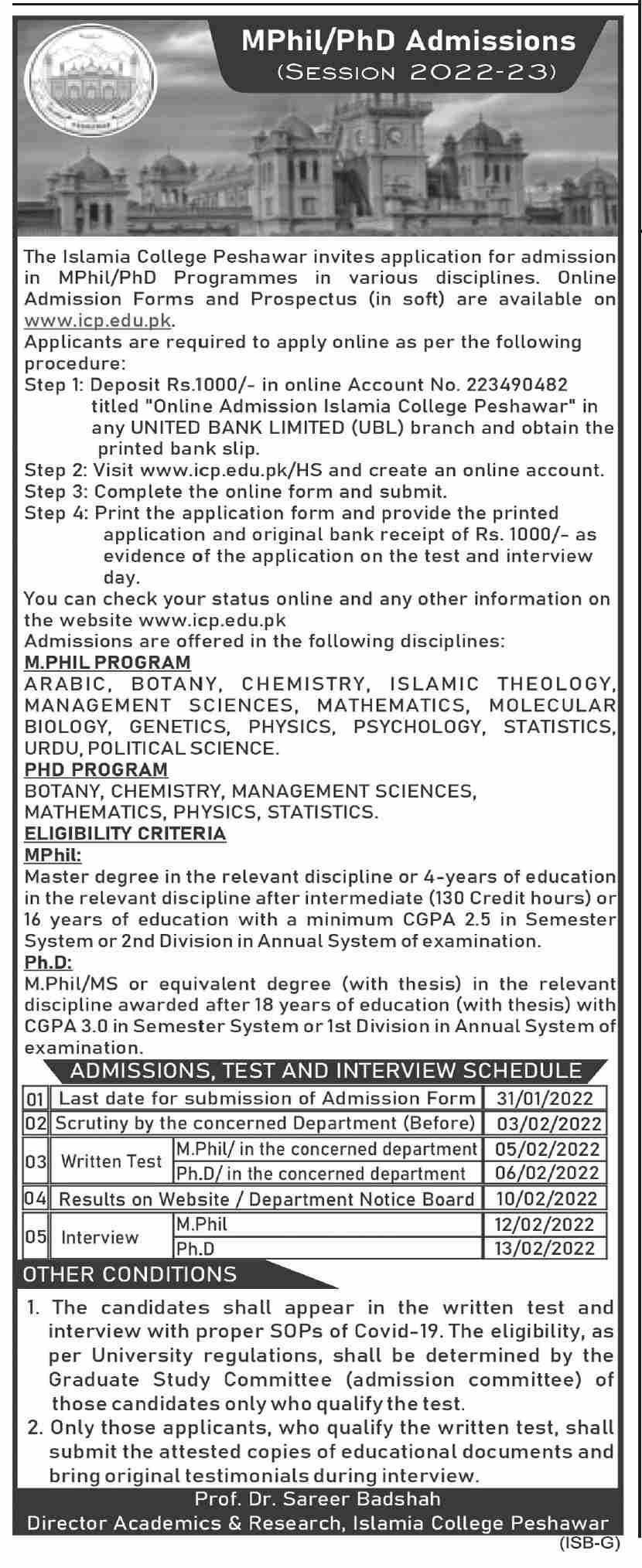 MPhil/PhD Admissions in Islamia College Peshawar 2022-23