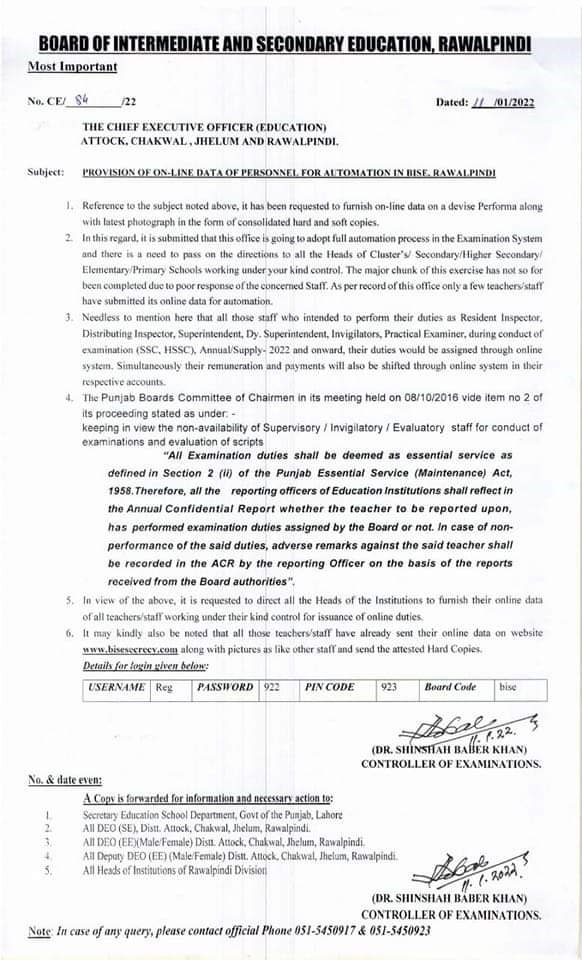 Provision of Online Date of Personnel For Automation in BISE Rawalpindi