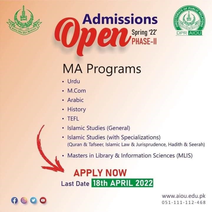 AIOU Admissions Open Spring-22 Phase-II