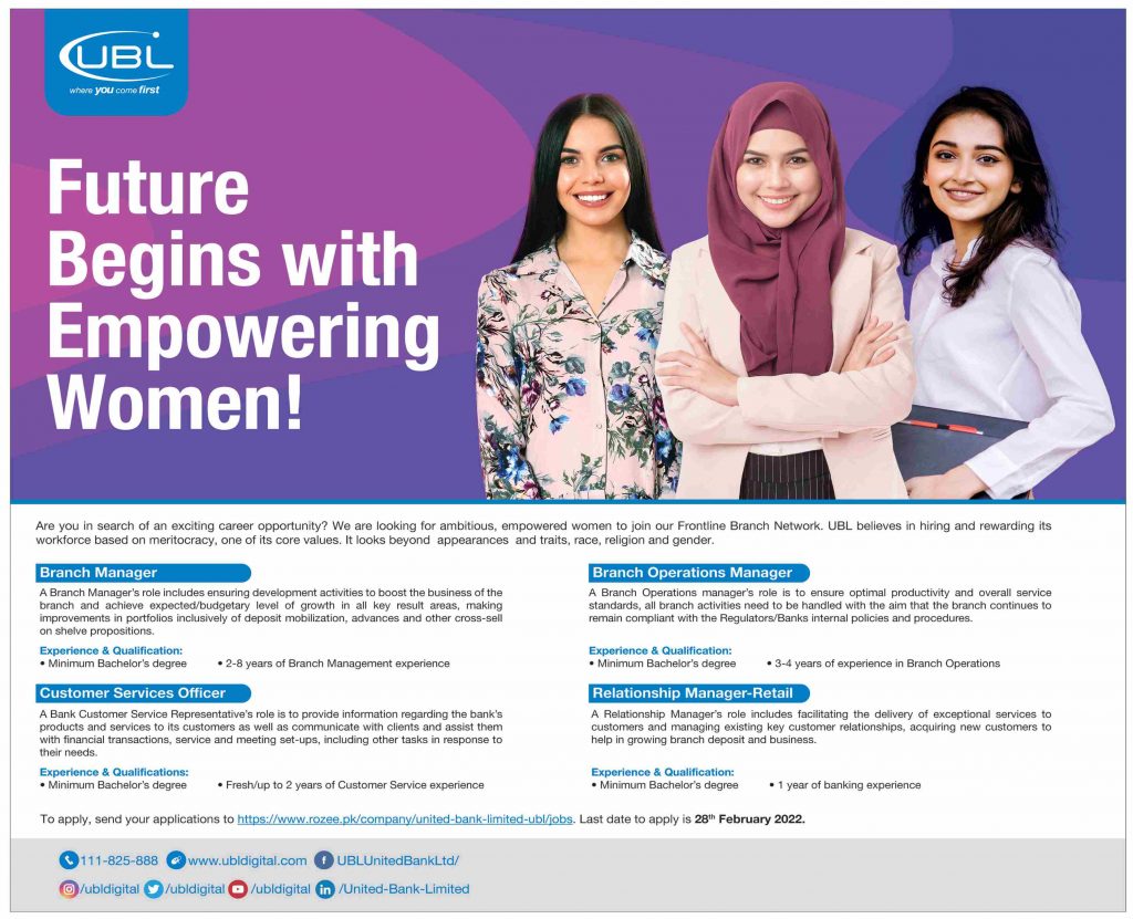 UBL Bank Jobs For Women in Pakistan