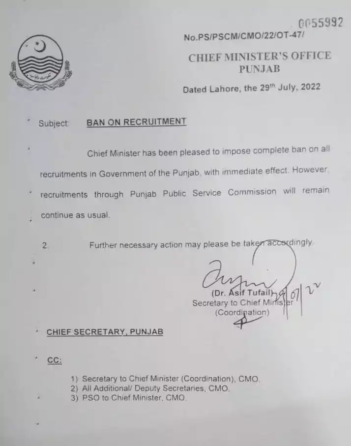 Ban on Recruitment in Punjab 2022 Notification