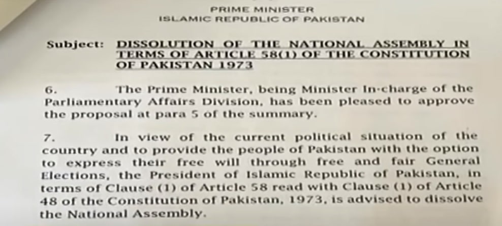 Dissolution of National Assembly in Pakistan 2022 Notification